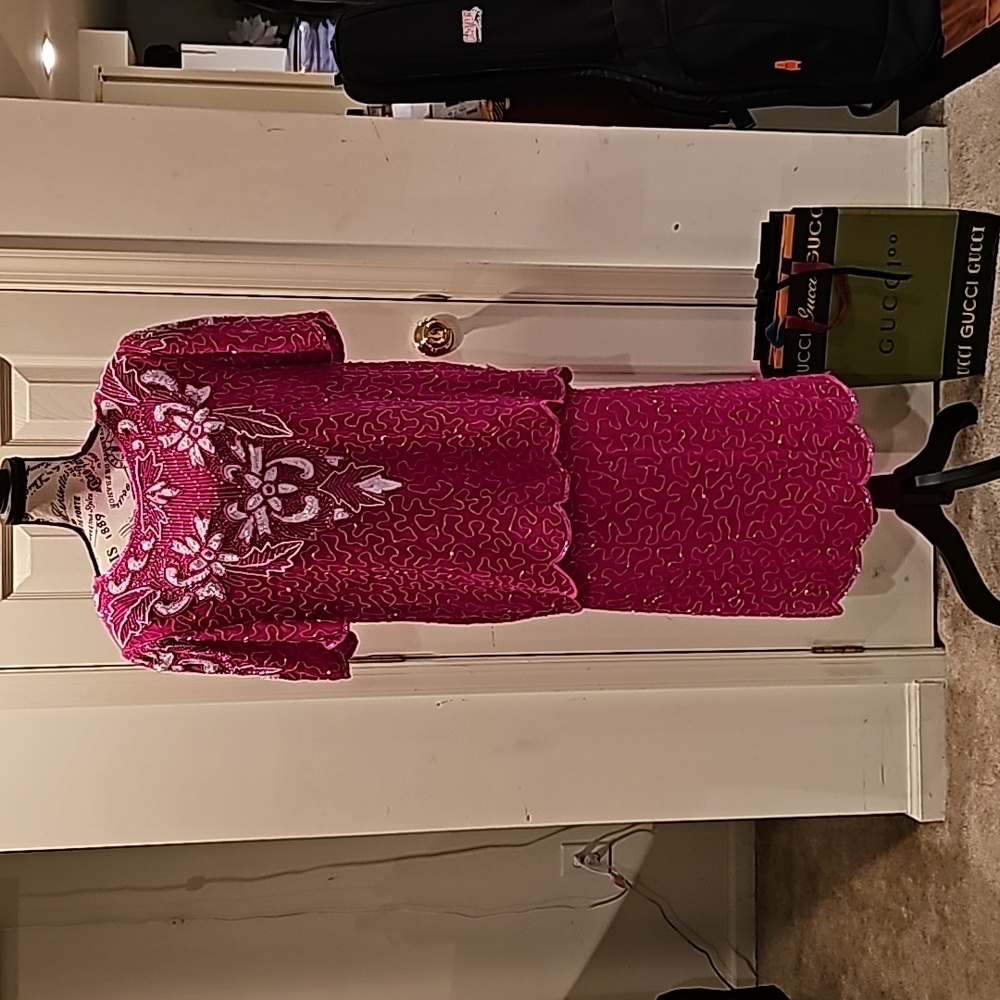 Beaded fuschia evening midi dress. Size 1X